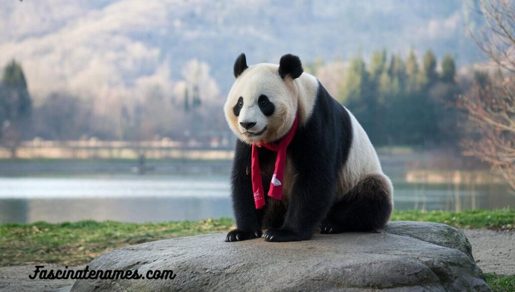 A panda bear lounging on a rock, wearing a bright red scarf, looking cozy and relaxed in its natural habitat.