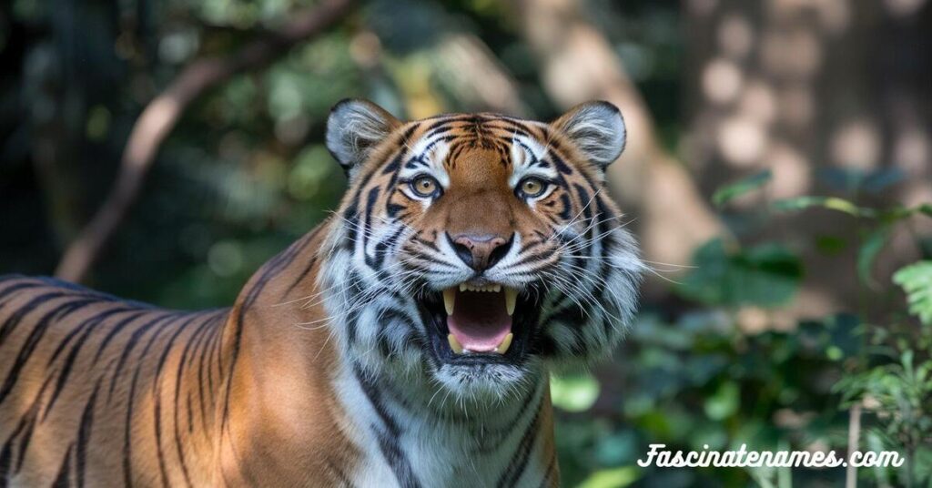 A fierce tiger displaying its teeth in a natural wild setting, showcasing its strength and beauty.