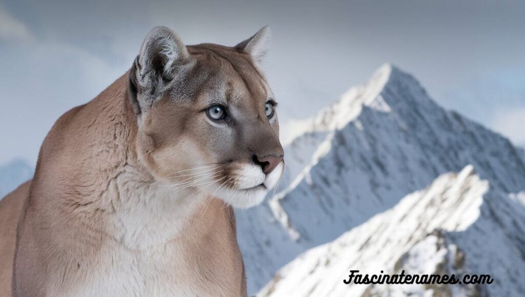 A mountain lion stands proudly in front of a majestic snowy mountain backdrop.