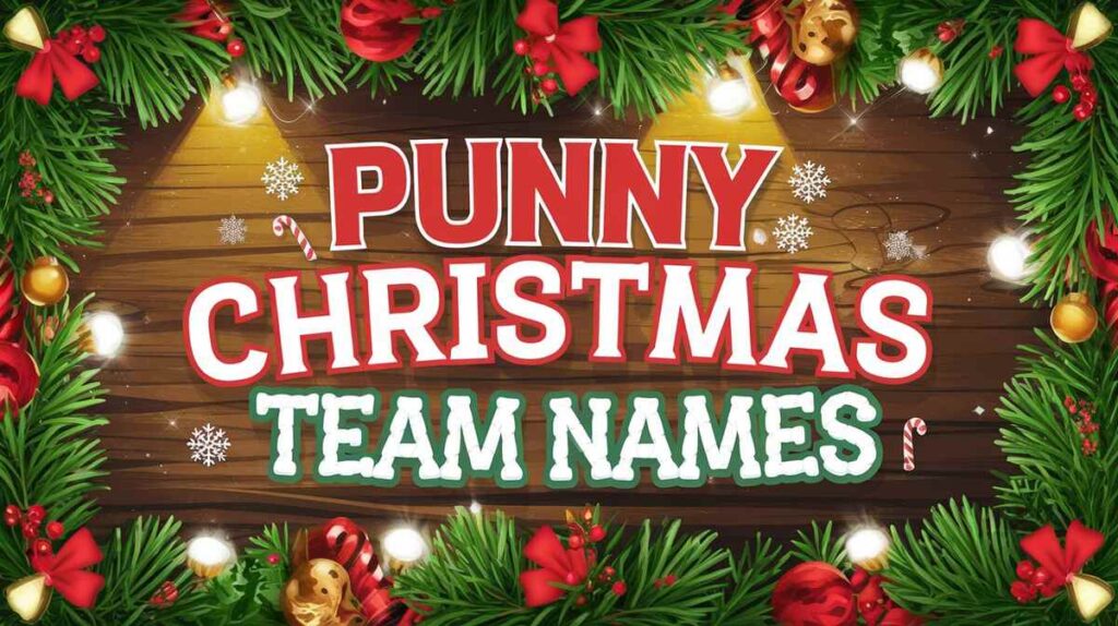 A collection of humorous Christmas team names displayed on a festive background with holiday decorations.