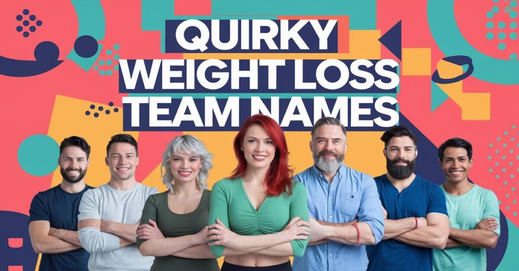 A diverse group of individuals smiling together, showcasing creativity with quirky weight loss team names displayed above them.