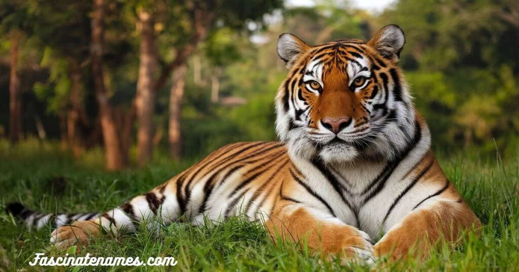 A tiger lounging in lush grass, with trees in the background, highlighting its majestic presence in the wild.