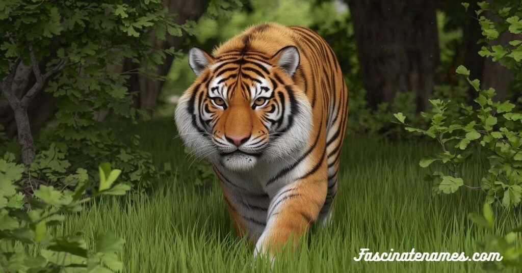 A tiger strides gracefully through a dense forest, surrounded by lush greenery and dappled sunlight filtering through the trees.