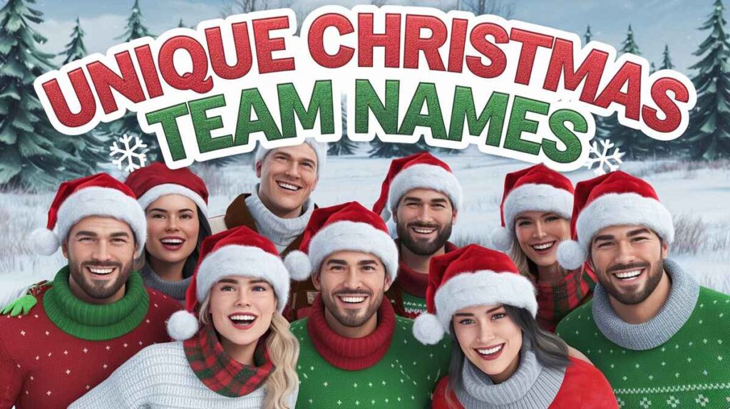 A diverse group of people wearing Christmas and Santa hats, showcasing the phrase "unique Christmas team names."