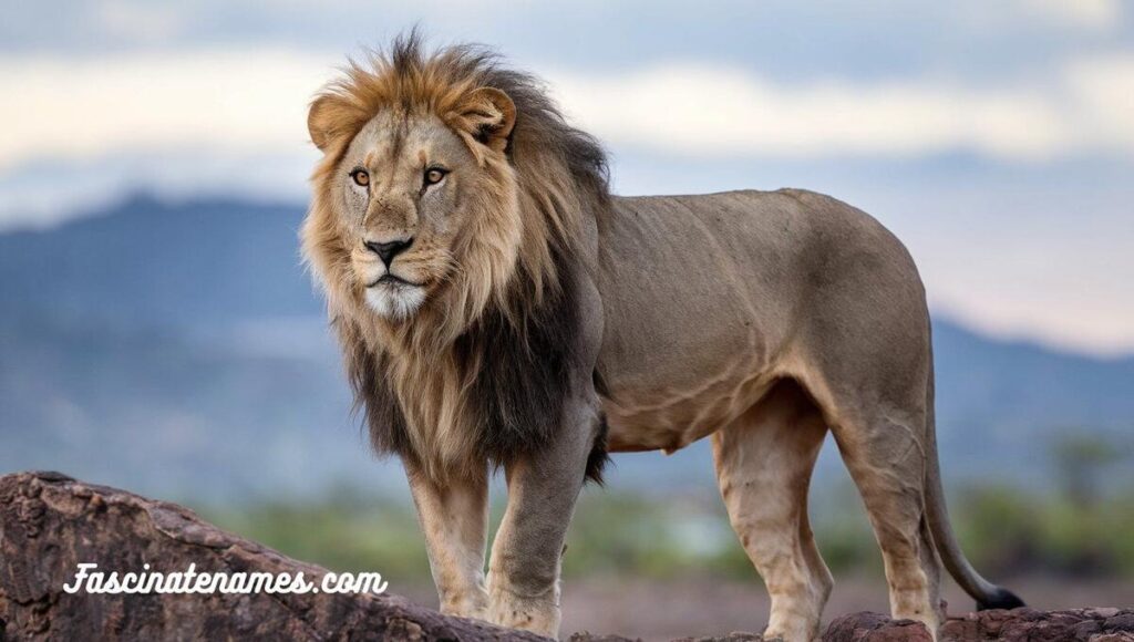 A powerful lion perched on a rock, gazing over the wild landscape, embodying strength and grace in nature.