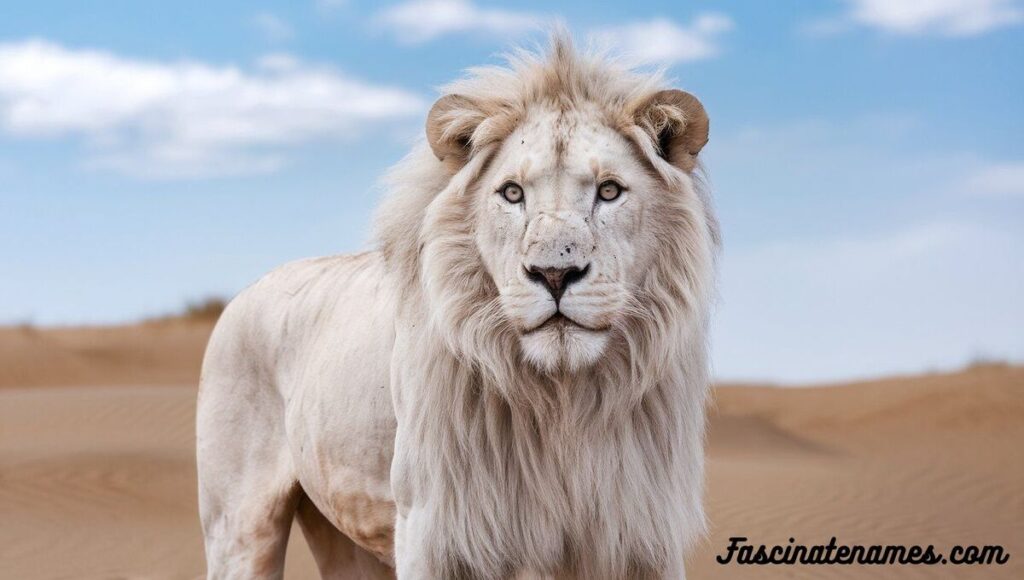 A majestic white lion stands proudly in a vast desert landscape under a clear blue sky.