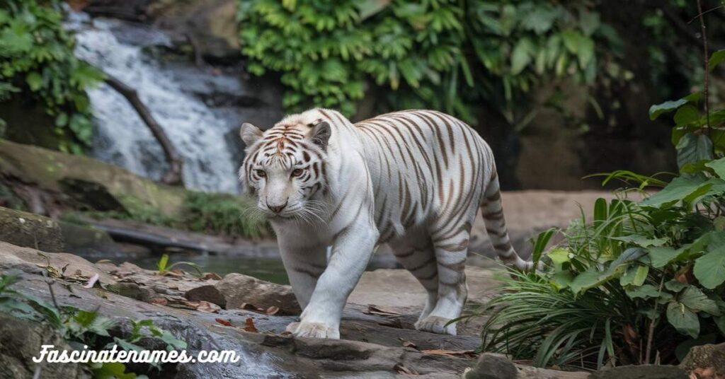 A majestic white tiger strides confidently along a rugged, rocky path in its natural habitat.