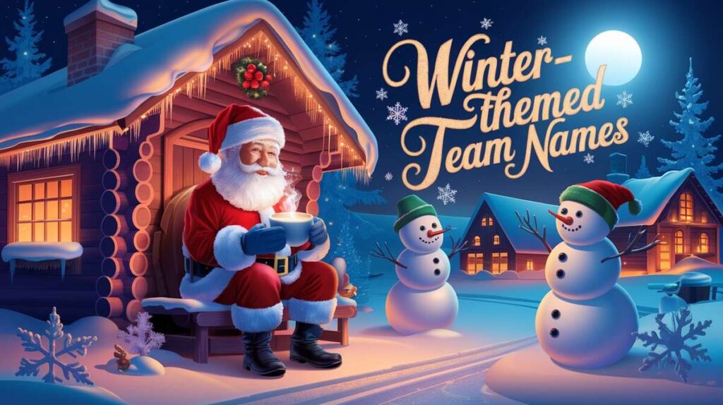 A collection of creative winter-themed team names displayed on a snowy background, evoking a festive atmosphere.