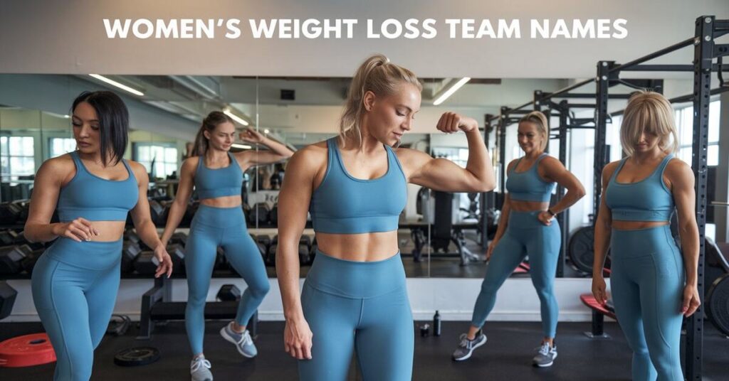 An engaging visual featuring a list of empowering women's weight loss team names against a dynamic backdrop.