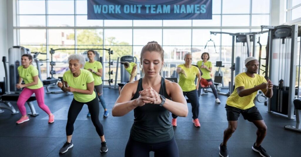 A diverse group of individuals engaged in various exercises inside a modern gym setting.