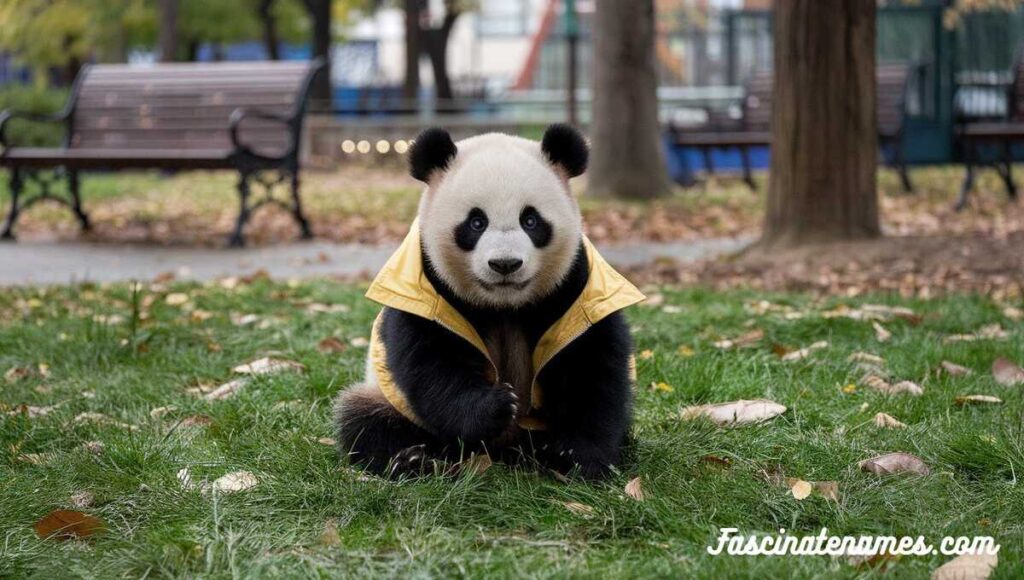 A panda bear dressed in a bright yellow jacket, lounging on the grass, enjoying a sunny day.