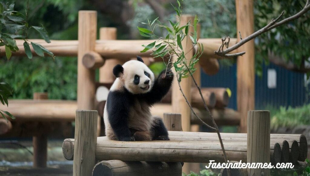 A cute panda bear lounging on a wooden bench, enjoying a peaceful moment in its natural habitat.