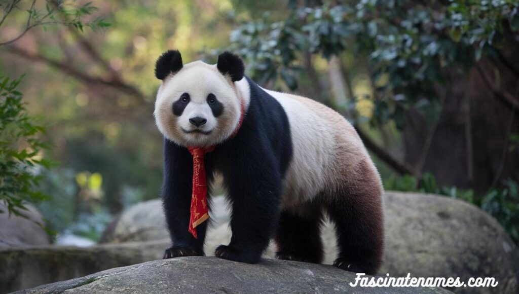 A panda bear in a red tie lounging on a rock, looking adorable and ready for a business meeting.