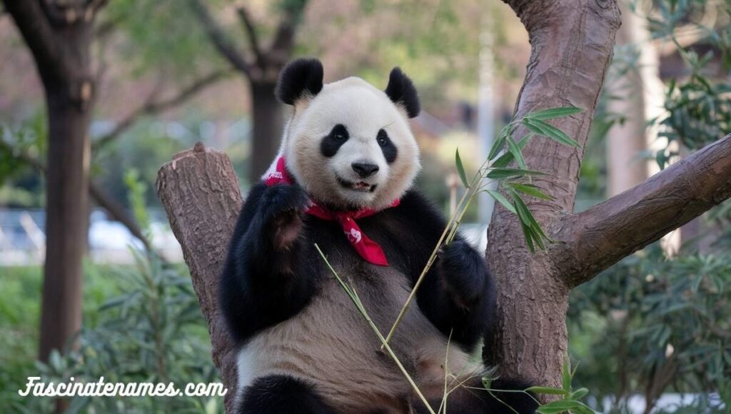 A panda bear wearing a red scarf sits comfortably on a tree branch, looking cute and cozy in its natural habitat.