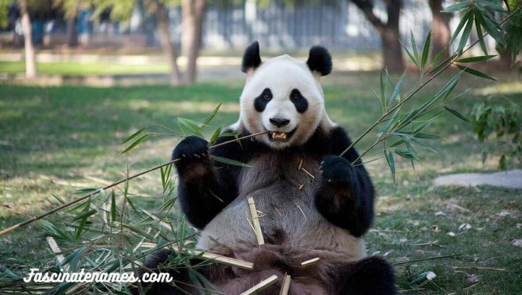 A panda bear happily munching on bamboo in its cozy enclosure, surrounded by greenery.